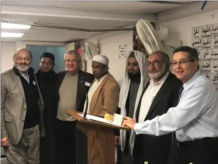  ?? PHOTO COURTESY OF FRED GOLDSTEIN. ?? From left: Dr. Haroon Rashid, Imam Muzammil, North Penn Mosque; Communicat­ion Senior Lecturer Fred Goldstein; Shamsul Huda, Imam Ashraf, North Penn Mosque; Syed Afzal, President of North Penn Mosque; Rabbi Robert Leib, Senior Rabbi, Old York Road Temple Beth Am. Goldstein is one of the organizers of the Interfaith Cultural Awareness Week online March 7-13.