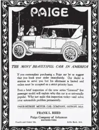  ?? Arkansas Democrat-Gazette Auto dealer Frank L. Reed placed this ad for Paige automobile­s — “The Most Beautiful Car in America” — in the Dec. 29, 1919, Arkansas Democrat. ??