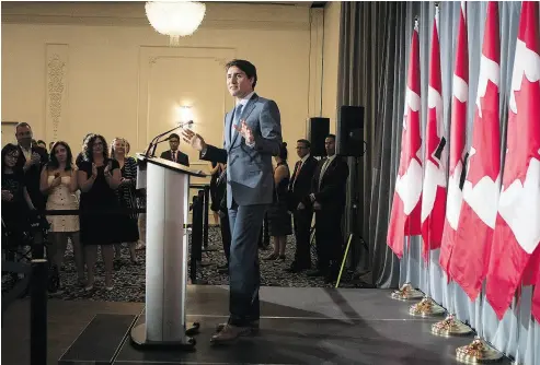  ?? CHRIS YOUNG / THE CANADIAN PRESS ?? Prime Minister Justin Trudeau — seen speaking to supporters at a Liberal Party fundraiser in Aurora —reiterated on Friday that “we’re committed to renegotiat­ing and improving and updating NAFTA.”