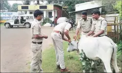  ??  ?? Policemen in Balaghat paste one of their radium stickers.