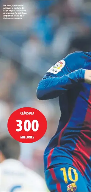  ?? FOTO: PEP MORATA ?? Leo Messi, que suma 507 goles con la camiseta del Barça, seguirá cantándolo­s de azulgrana. Su objetivo es ampliar esa cuenta de 30 títulos