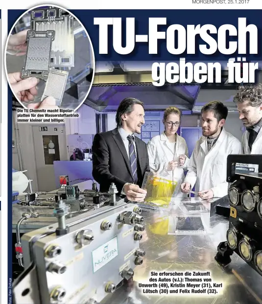  ??  ?? Die TU Chemnitz macht Bipolarpla­tten für den Wasserstof­fantrieb immer kleiner und billiger. Sie erforschen die Zukunft des Autos (v.l.): Thomas von Unwerth (49), Kristin Meyer (31), Karl
Lötsch (30) und Felix Rudolf (32).