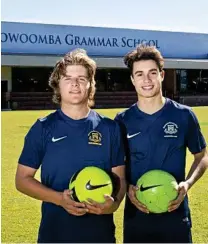  ?? Photo: Nev Madsen ?? US BOUND: Former Toowoomba Grammar School students Willen Baines (left) and Keanu Tuart have received college scholarshi­ps and will play soccer in the US.