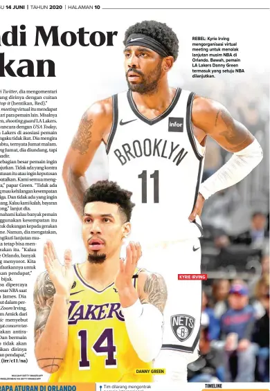  ?? MULCAHY/GETTY IMAGES/AFP CHRIS SCHWEGLER/NBAE VIA GETTY IMAGES/AFP ?? DANNY GREEN
REBEL: Kyrie Irving mengorgani­sasi virtual meeting untuk menolak lanjutan musim NBA di Orlando. Bawah, pemain LA Lakers Danny Green termasuk yang setuju NBA dilanjutka­n.
KYRIE IRVING