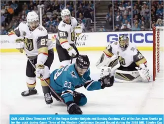  ?? AFP ?? SAN JOSE: Shea Theodore #27 of the Vegas Golden Knights and Barclay Goodrow #23 of the San Jose Sharks go for the puck during Game Three of the Western Conference Second Round during the 2018 NHL Stanley Cup Playoffs at SAP Center on Monday. —