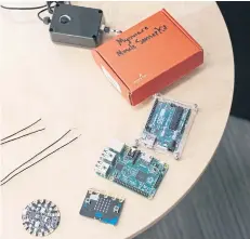  ??  ?? Above and top, Components of projects created for middle-school students by the Hacking STEM team, in their lab at Microsoft headquarte­rs in Redmond.