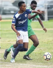  ?? RICARDO MAKYN/MULTIMEDIA PHOTO EDITOR ?? Jamaica College’s Calwayne Allen (left) dribbles away from Kingston High’s Khamall Brown in their ISSA/Digicel Manning Cup encounter at Breezy Castle recently.