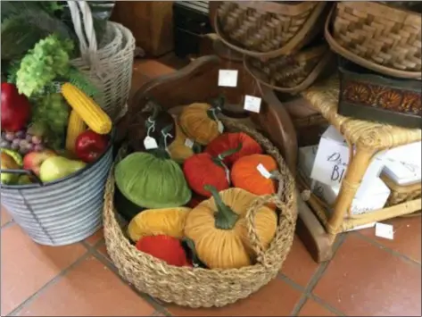  ?? CAROL HARPER —THE MORNING JOURNAL ?? Velvet pumpkins in rich fall colors fill a hand crocheted basket and add to options for fall decorating beside traditiona­l baskets and a corrugated metal bucket filled with fruits of harvest at Zelek Flower Shop in Lorain.