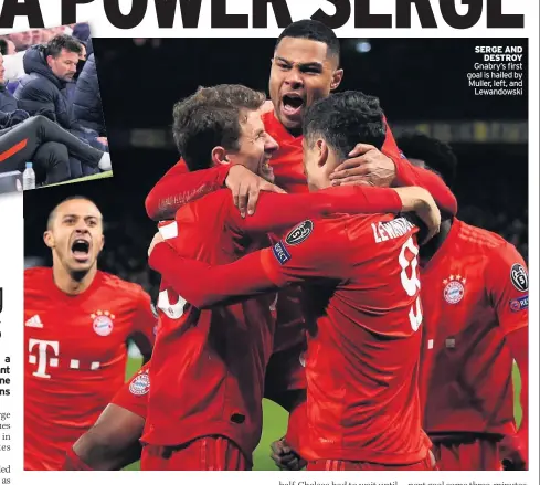  ??  ?? SERGE AND DESTROY Gnabry’s first goal is hailed by Muller, left, and Lewandowsk­i