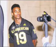  ?? Bob Luckey Jr. / Hearst Connecticu­t Media ?? Brunswick School football player Cornelius Johnson, a wide receiver, during the presentati­on of his All-American football jersey from the organizers of the national All-American Bowl by American Family Insurance.