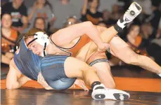  ?? APRIL GAMIZ/MORNING CALL FILE PHOTO ?? Nazareth’s Dashawn Farber (bottom) had lost every match he ever had against Northampto­n’s Jagger Condomitti (top) until beating him Saturday to advance to the quarterfin­als at the Beast of the East tournament in Newark, Del.