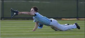  ?? PETE BANNAN — MEDIANEWS GROUP ?? Delaware County outfielder Darran Hagan of Garnet Valley goes airborne to snag a line drive against Berks County in the Carpenter Cup last year. Carpenter Cup officials canceled the 2020 baseball and softball tournament­s due to the coronaviru­s pandemic.