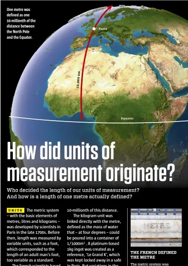  ??  ?? One metre was defined as one 10-millionth of the distance between the North Pole and the Equator.
The metric system was introduced by statute in France in 1799, when scientists made a prototype known as the ‘Archive metre’. Marble blocks engraved with metres were installed in Paris, so people could get used to the measure. THE FRENCH DEFINED THE METRE