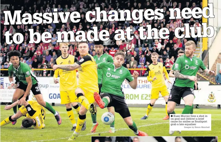  ?? Images by Simon Marshall ?? Euan Murray fires a shot in on goal and (below) a brief cause for smiles as Southport grab a late equaliser