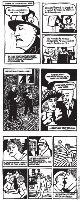 ??  ?? Historisch­e Ereignisse, geschnitzt aus Linol: Das Comic „Als die Nacht begann“erzählt den Februarauf­stand aus Sicht des Arbeiters Oskar.