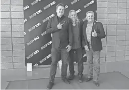  ?? JOSEPH COOKE/THE REPUBLIC ?? Overstock.com founder Patrick Byrne, from left, “The Deep Rig” producer Steve Lucescu and state Sen. Sonny Borrelli, R-Lake Havasu City, stand together at the movie’s premiere at Dream City Church in Phoenix.