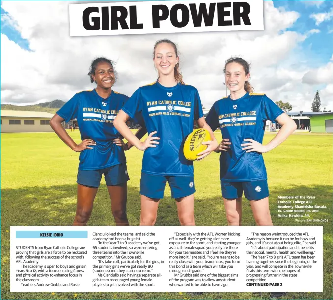  ?? Picture: ZAK SIMMONDS ?? Members of the Ryan Catholic College AFL Academy Shanthisha Busula, 15, Chloe Sellke, 14, and Anika Hawkins, 14.