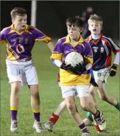  ??  ?? Matthew Kelly (Ferns) is tackled by Shamrath Flynn (Wexford C.B.S.). Jamie Barnes on the ball for Wexford C.B.S.