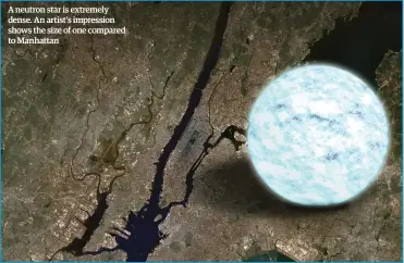  ??  ?? A neutron star is extremely dense. An artist's impression shows the size of one compared to Manhattan