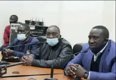  ??  ?? Sports Minister Emmanuel Mulenga (right) FAZ president Andrew Kamanga (centre) and FAZ vice president Eox Mweemba during a consultati­ve meeting. Picture courtesy of FAZ