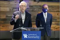  ?? TIMOTHY D. EASLEY - THE ASSOCIATED PRESS ?? Senate Minority Leader Mitch McConnell, R-Ky., listens to a reporter’s question during a news conference at a COVID-19 vaccinatio­n site in Lexington, Ky., Monday, April 5, 2021. In the background is University of Kentucky President Eli Capilouto.