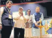  ?? BACHCHAN KUMAR/HT ?? (From left) Former CM Devendra Fadnavis, BJP state unit chief Chandrakan­t Patil, ministers Raosaheb Danve and Prakash Javadekar at Terna College, Nerul, on Saturday.