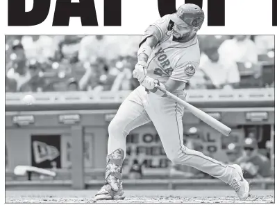  ?? Getty Images ?? GRAND FINALE: Dominic Smith takes a cut on his third-inning grand slam in the Mets’ 7-0 getaway-day victory in Cincinnati on Wednesday afternoon.