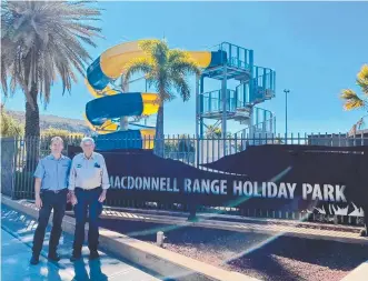  ?? ?? G'day Group has acquired the MacDonnell Range Holiday Park in Alice Springs and Shady Lane Tourist Park in Katherine. G’day Group chief executive Grant Wilckens and MacDonnell Range Holiday Park owner Brendan Heenan. Picture: Supplied
