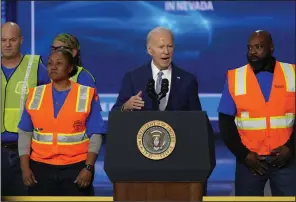  ?? (AP/Lucas Peltier) ?? President Joe Biden speaks at the Carpenters Internatio­nal Training Center with union workers in Las Vegas on Friday.