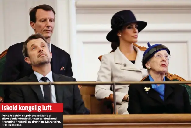  ?? FOTO: JENS DRESLING ?? Iskold kongelig luft
Prins Joachim og prinsesse Marie er tilsynelad­ende slet ikke på talefod med kronprins Frederik og dronning Margrethe.