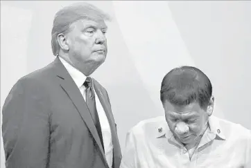  ?? Manan Vatsyayana Pool Photo ?? PRESIDENT TRUMP had praise for Philippine leader Rodrigo Duterte, who is accused of overseeing a broad crackdown on suspected drug dealers that has left thousands of people dead without charges or trials.