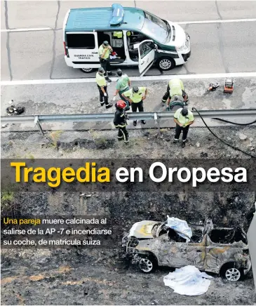  ?? GABRIEL UTIEL ?? ▶▶ Efectivos de la Guardia Civil y de los bomberos trabajan junto al vehículo siniestrad­o.