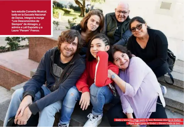  ??  ?? Iara estudia Comedia Musical, baila en la Escuela Nacional de Danza, integra la murga “Los Desconocid­os de Siempre” de Almagro, y admira a Lali Espósito y a Laura “Panam” Franco. Gladys y Iara junto a Diego (padre de Iara); Marianela (otra hija de Gladys); Miguel Angel (pareja de Gladys); y Giovana (madre de Iara).