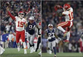  ?? MICHAEL DWYER - THE ASSOCIATED PRESS ?? FILE - At left, in an Oct. 14, 2018, file photo, Kansas City Chiefs quarterbac­k Patrick Mahomes (15) throws a touchdown pass to wide receiver Tyreek Hill during the second half of an NFL football game against the New England Patriots, in Foxborough, Mass. At right, also in an Oct. 14, 2018, file photo, Kansas City Chiefs wide receiver Tyreek Hill (10) catches a pass that he ran in for a touchdown during the second half of an NFL football game against the New England Patriots, in Foxborough, Mass.