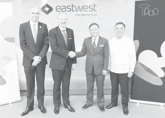  ??  ?? IN PHOTO (L-R): Dominik Smeets, Chief Strategy & Business Developmen­t Officer (Troo); Hans Loozekoot, President & CEO (Troo); Antonio C. Moncupa Jr., Vice-Chairman & CEO (EastWest Bank); and Jesus Roberto S. Reyes, President & Deputy CEO (EastWest Bank)