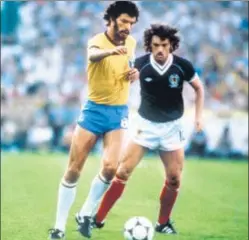  ?? THOMAS/GETTY IMAGES ?? Legend: Scotland's John Wark marks Brazilian captain Socrates during the 1982 World Cup Finals at Seville, Spain on 18th June, 1982. BOB