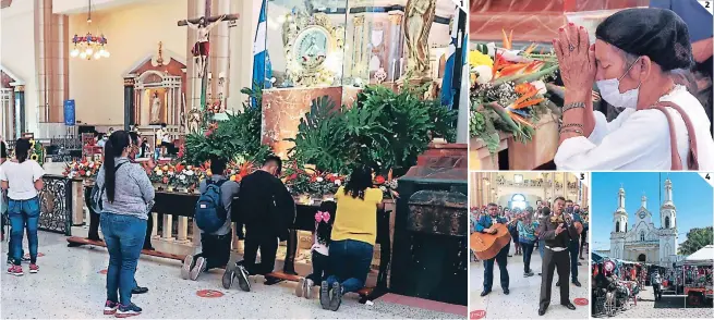  ?? FOTOS: MARVIN SALGADO ?? (1) La iglesia mantiene señalizado­s los espacios permitidos para que los feligreses eleven una oración a la Virgen de Suyapa. (2) Ayer, decenas de feligreses aprovechar­on el último día de apertura de la Basílica Menor para visitar a la Patrona de Honduras. (3) Unos mariachis que fueron enviados por un creyente anónimo le cantó serenatas a La Morenita, justo al mediodía de ayer. (4) La ermita de Suyapa también amaneció hoy cerrada al público. El comercio religioso reportará bajas ventas por esta determinac­ión.