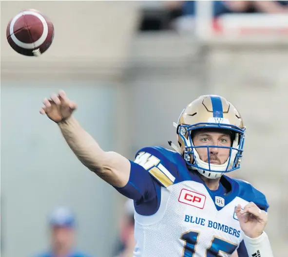  ?? — THE CANADIAN PRESS FILES ?? Winnipeg Blue Bombers quarterbac­k Matt Nichols has gone 4-0 as a starter this year to resuscitat­e their season.