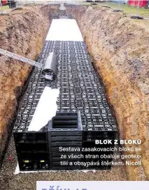  ??  ?? BLOK Z BLOKŮ Sestava zasakovací­ch bloků se ze všech stran obaluje geotextili­í a obsypává štěrkem. Nicoll