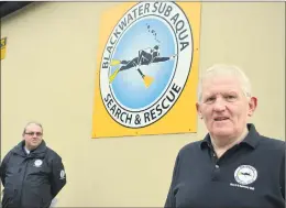  ?? (Pic: John Ahern) ?? LOCAL DIVERS GOING THE DISTANCE: Blackwater Search & Rescue Unit fundraisin­g officer, Noel Hayes (right) and secretary, Ken Barry, at the 169Km Challenge launch at the club’s headquarte­rs on the Rathealy Road, Fermoy. To raise much needed funds, club members intend swimming the entire length of the River Blackwater - 169 Km.