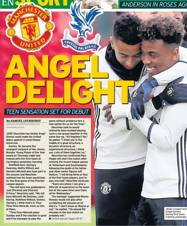  ??  ?? Jesse Lingard and Angel Gomes during first team training yesterday
