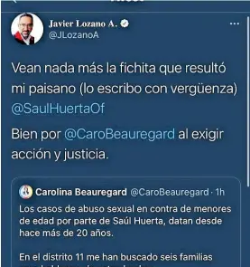  ??  ?? Lozano Alarcón dijo sentirse avergonzad­o por su paisano