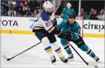  ?? Bay Area News Group/tns ?? San Jose Sharks’ Barclay Goodrow chases after St. Louis Blues’ Alex Pietrangel­o in the first period of their NHL match at SAP Center in San Jose on March 9.