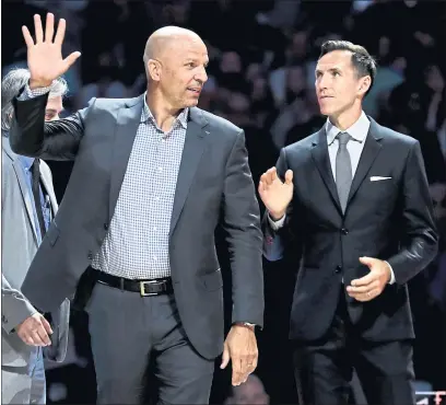  ?? ERIC GAY — THE ASSOCIATED PRESS ?? Jason Kidd, left, and Steve Nash, seen here at the Final Four in San Antonio, are going into the Basketball Hall of Fame together.