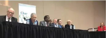  ?? RACHEL HINTON/SUN-TIMES ?? Paul Vallas, Toni Preckwinkl­e, Willie Wilson, Gery Chico, John Kozlar and Bob Fioretti answer questions on Saturday at a mayoral forum at the University of Illinois at Chicago.