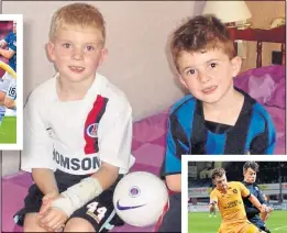  ??  ?? Avril Cadden with billboard of son Chris at Hampden, main; at home with Chris, left, and Nicky, top; the twins aged five, above; inset, Chris playing for Motherwell, left, and Nicky starring for Livingston