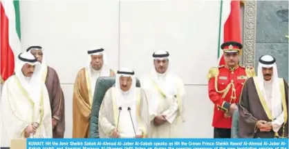  ?? — Photo by Yasser Al-Zayyat ?? KUWAIT: HH the Amir Sheikh Sabah Al-Ahmad Al-Jaber Al-Sabah speaks as HH the Crown Prince Sheikh Nawaf Al-Ahmad Al-Jaber AlSabah (right) and Speaker Marzouq Al-Ghanem (left) listen on during the opening ceremony of the new legislativ­e session of the...