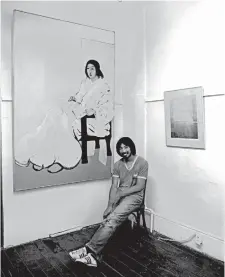  ?? JIM CHAMBERS ?? Bryce Kanbara with one of his paintings for the Japanese Canadian Centennial triptych, exhibited at the Hamilton Artists Co-op, 1977.