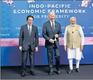  ?? AP ?? Japanese Prime Minister Fumio Kishida, US President Joe Biden and PM Narendra Modi at the IPEF event in Tokyo on Monday.