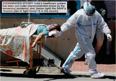  ??  ?? COORDINATE­D EFFORT: India’s healthcare system has been put under unprecende­nted stress by the worsening pandemic; and (below right) the SAHF’s 10-point plan to fight Covid-19 in the country